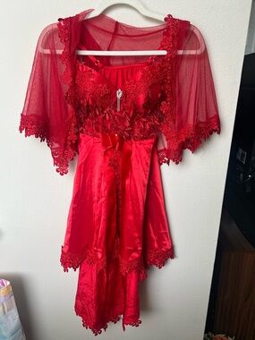 Elegant Red Lace Satin Nightdress with Sheer Cape